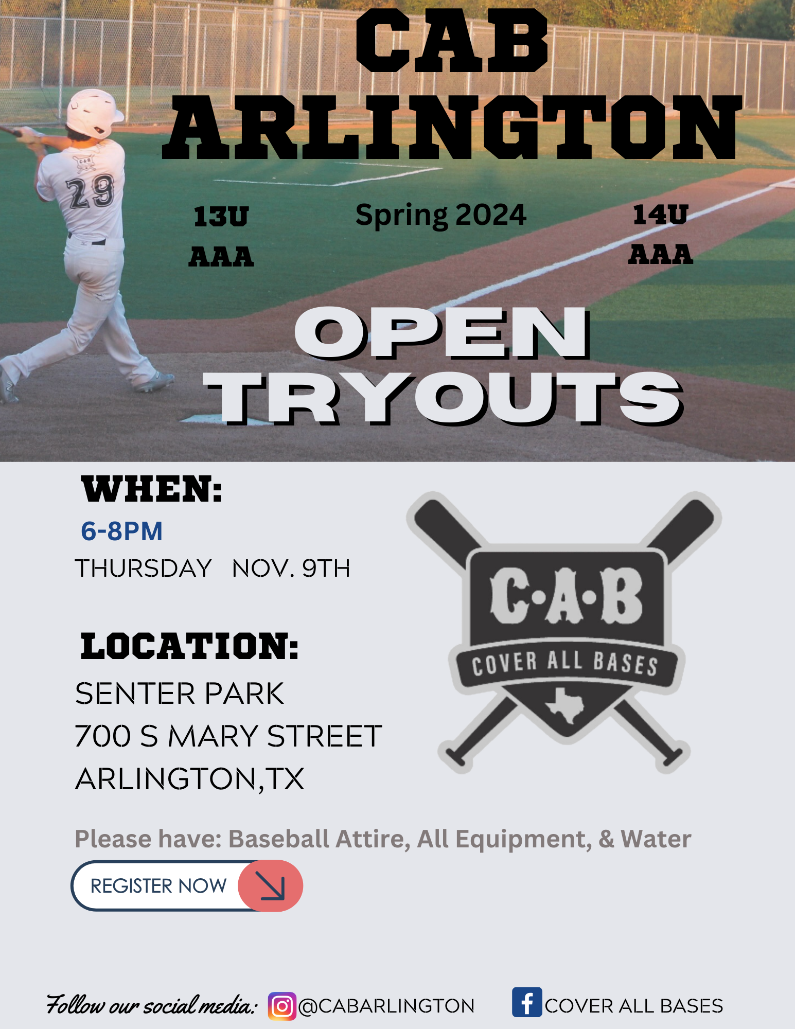 Open Tryouts Spring 2024 13u & 14u Cover All Bases Baseball