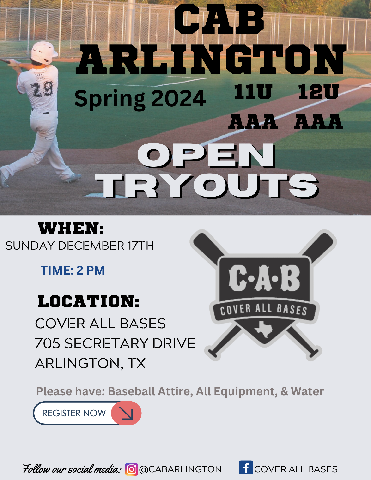 Open Tryouts Spring 2024 11u AAA & 12u AAA Cover All Bases